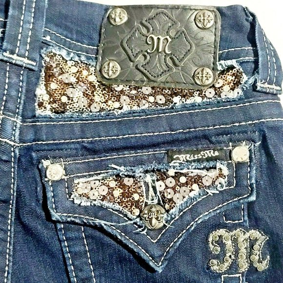 Miss Me Sz 24 Easy Boot Rear Sequins Bling Darkwash Denim Jeans - Picture 3 of 11